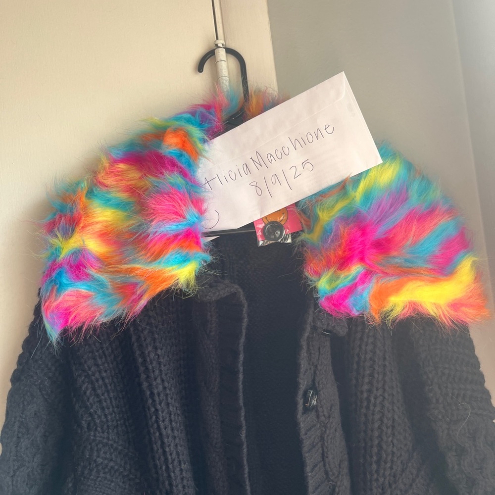 NWT Dressed in Lala Black Sweater with Multicolor Faux Fur Collar
